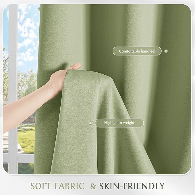 Beauoop Sage Green 100% Blackout Curtains 84 Inch Long 2 Panels