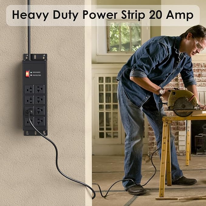JUNNUJ Heavy Duty 20 Amp Surge Protector 4800J, Garage Metal 8 Outlets 12 Gauge