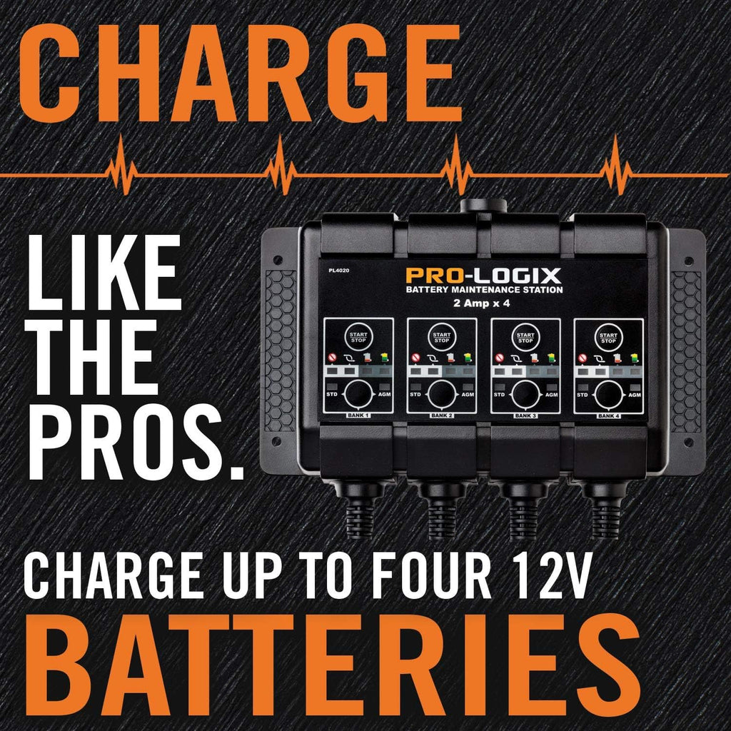 Clore Automotive PL4020, Pro-Logix 4-Bank, 8-Amp (2-Amp Per Bank) Fully Automatic Smart Charger, 12V Battery Charger, Battery Maintainer, Desulfator with Temperature Compensation, Black