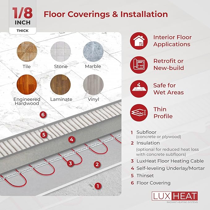 LuxHeat 140sqft Floor Heating Cable Kit - 240v Electric Radiant Floor Heat