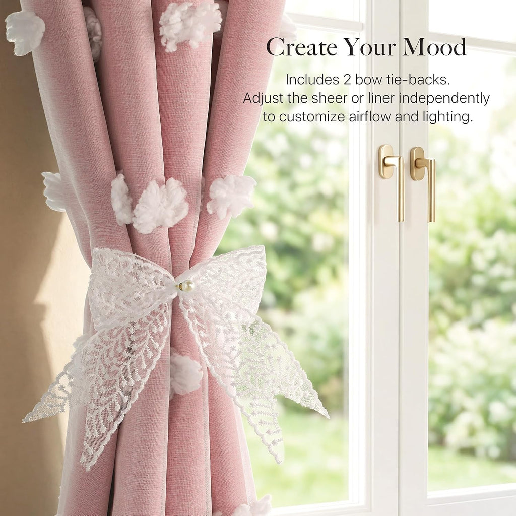 RYB HOME Pink Pom Pom Curtains for Girls Bedroom Nursery, Room Darkening | Double Layer, Thermal Insulated, For Girls Kids Bedroom Nursery, With 2 Bow Tie Backs, Shabby Chic, W52 x L84,2 Panels