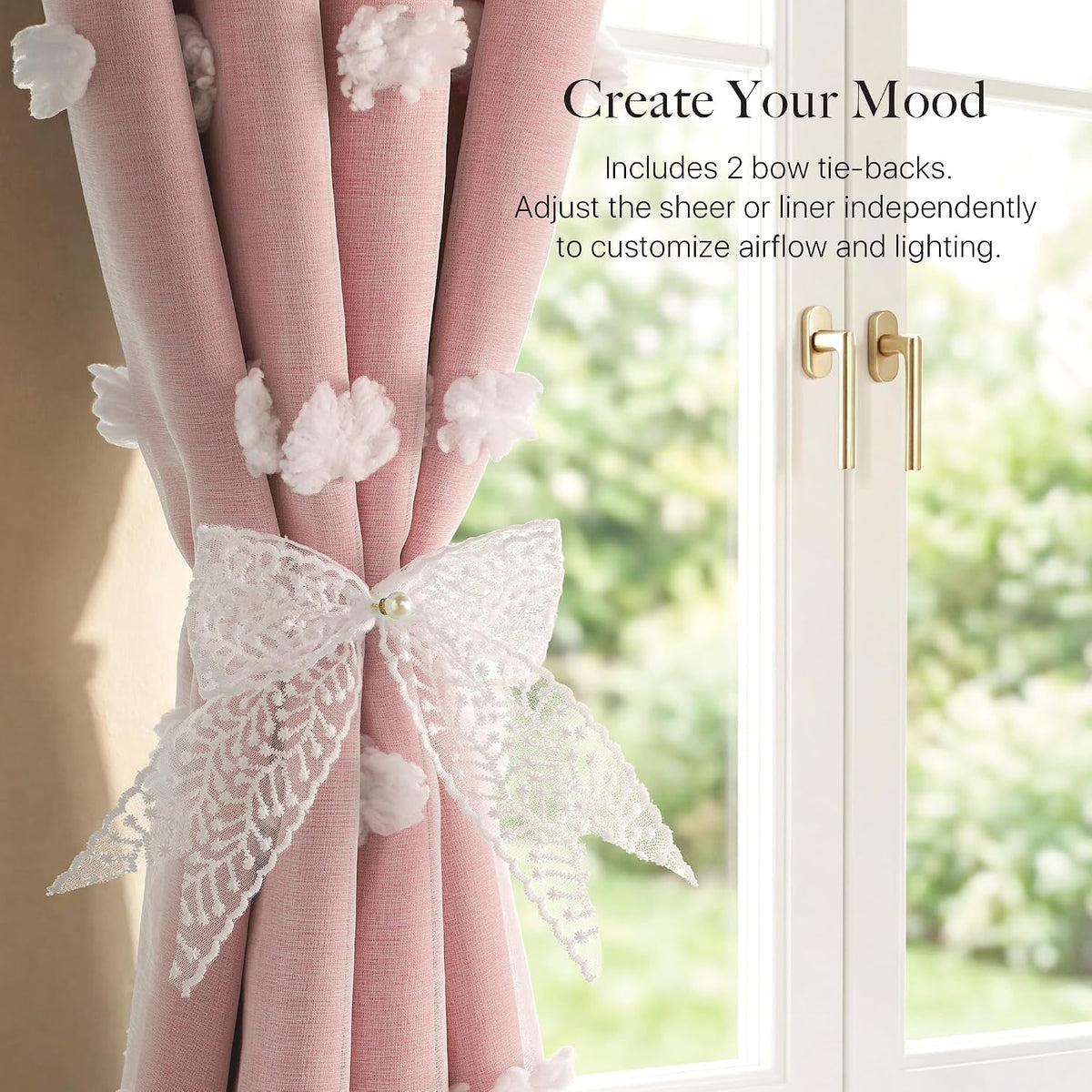 RYB HOME Pink Pom Pom Curtains for Girls Bedroom Nursery, Room Darkening | Double Layer, Thermal Insulated, For Girls Kids Bedroom Nursery, With 2 Bow Tie Backs, Shabby Chic, W52 x L84,2 Panels