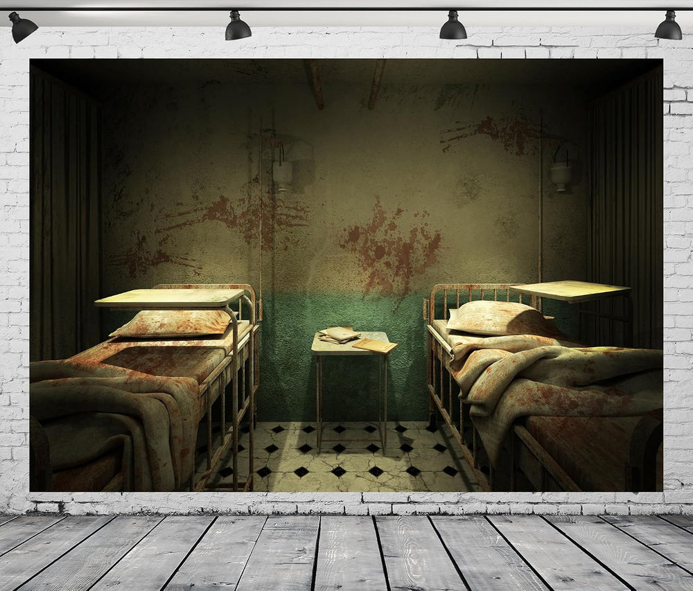Creepy Hospital Ward Room Backdrop Fabric 10x8ft Horror Bloody Walls Blood Be...