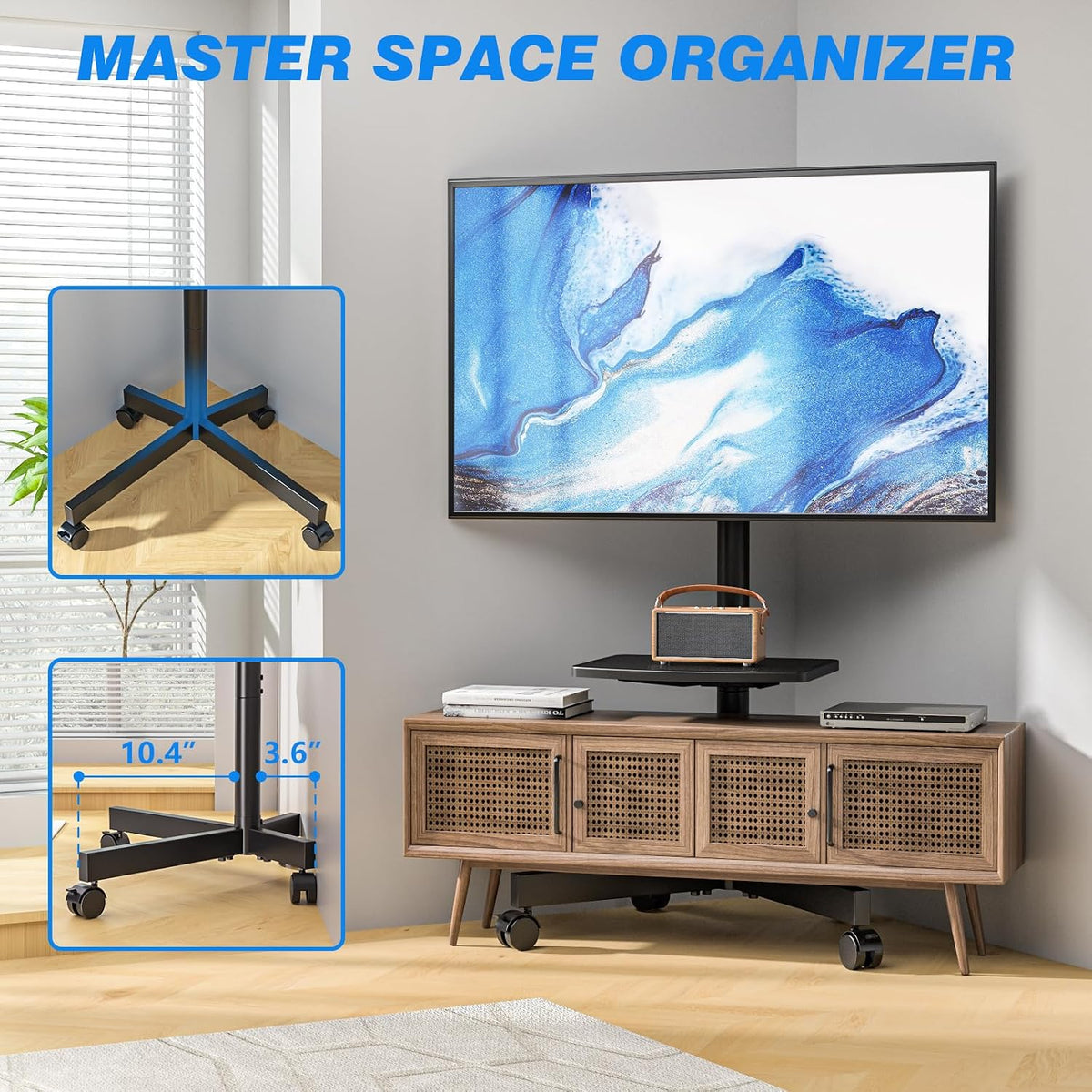 rfiver rolling tv stand with shelf for 23-65 on a desk or shelf