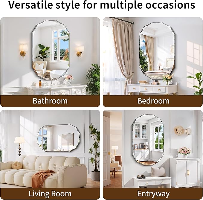 GLASHOM Frameless Bathroom Mirror, 30x48 inch Beveled Bathroom Mirror Wall