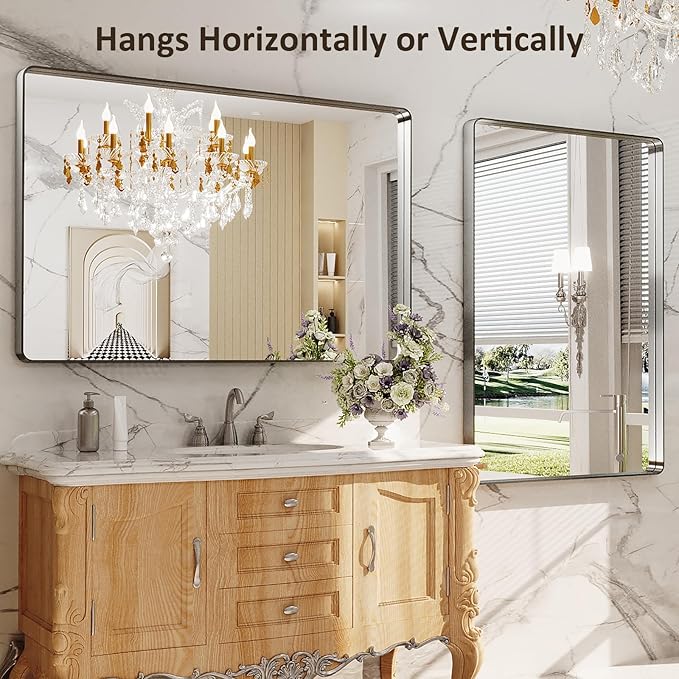 LOAAO 48X32 Inch Brushed Nickel Bathroom Mirror, Rounded Rectangle Silver Metal
