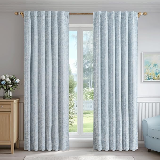 Beauoop Blue Floral Jacquard Blackout Curtains 63 Inches Long 2 Panels