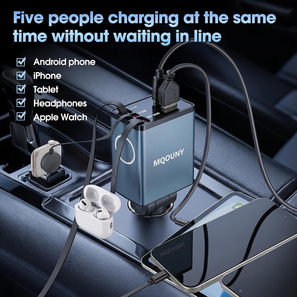 MQOUNY Retractable Car Charger, 87W USB C Fast Charge