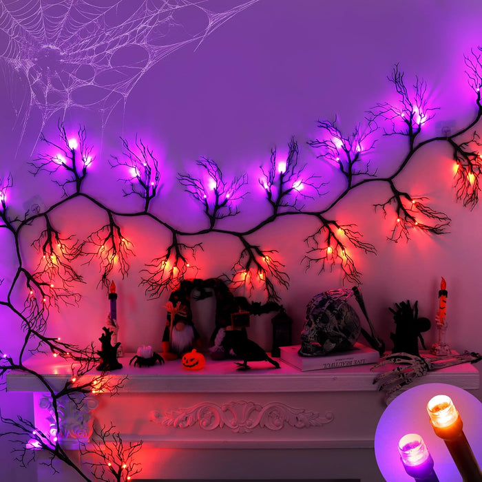 9 FT 66 LED Willow Vine Twig Decor Black Halloween Garland with Orange Purple Lights, Timer 8 Modes Waterproof Battery Operated Indoor Halloween Decorations for Wall Fireplace Mantle Home Office Decor