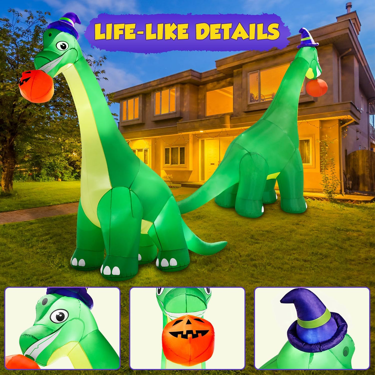 zukakii 13Ft Giant Halloween Dinosaur Inflatable Decorations, Bite Large Pumpkin with Witch Hat Build-in LED Light Strong Blower Huge Blow Up Yard Clearance Decor for Outdoor Indoor Holiday Party Yard