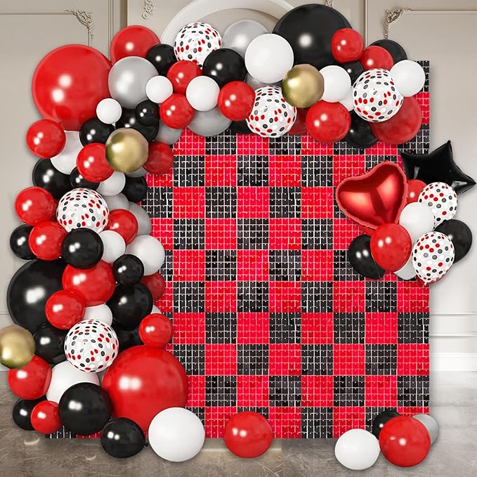 24PCS Black Red Shimmer Wall Backdrop, Square Sequin Photo Backdrops Panel, Glitter Wall Background for Birthdays, Weddings, Christmas, Halloween, Disco Bachelorette Party Decor (4FTx6FT)