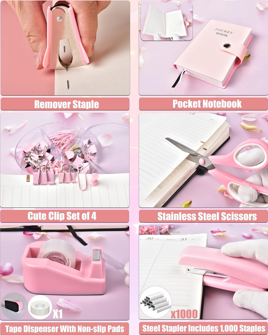 lxevihk pink desk accessories 21-piece office supplies gift showing dimensions