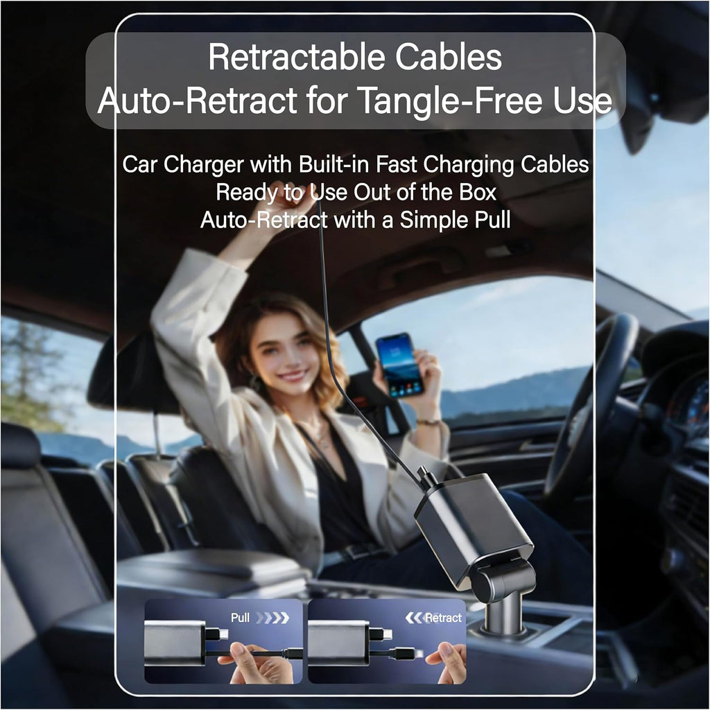 4-in-1 retractable 30w fast car charger, dual usb-c showing dimensions
