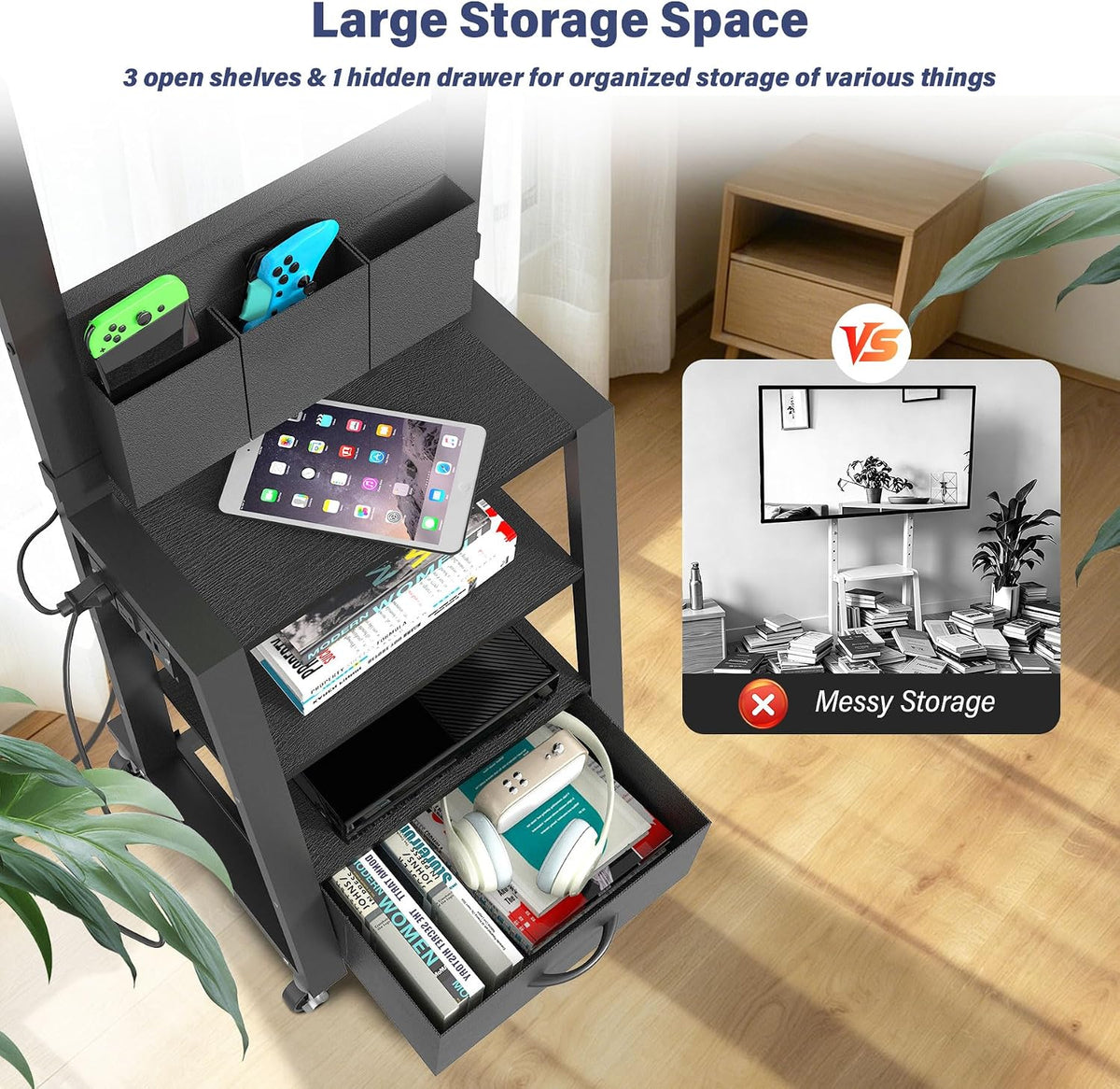 Rolling TV Stand with Power Outlet & 4-Tier Storage for 23"-60" Flat/Curved Screen up to 160lbs LCD/LED/OLED Adjustable Height Mobile TV Cart for Home Office Outdoor Max VESA 400x400mm Black