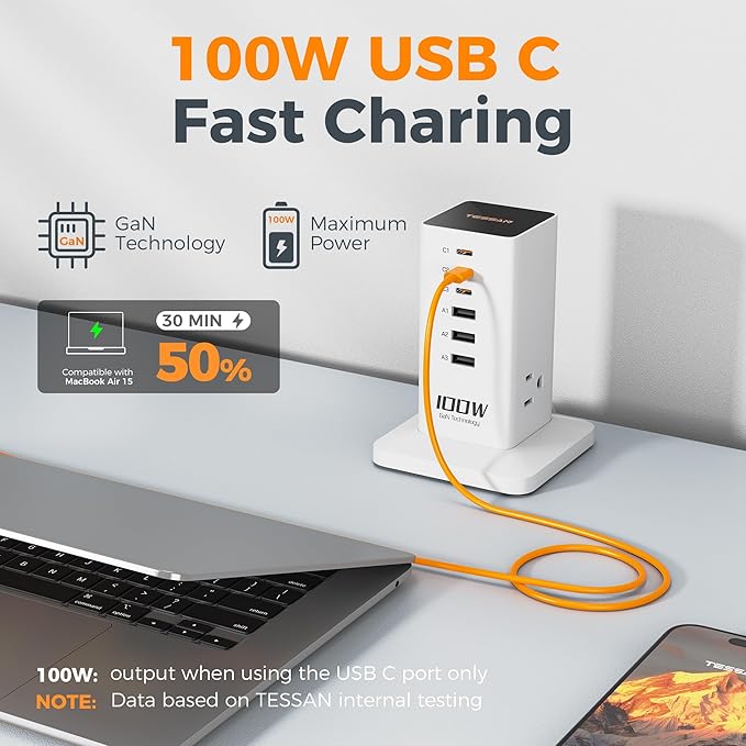 Charging Station PD 100W, TESSAN 9-in-1 USB C Power Strip