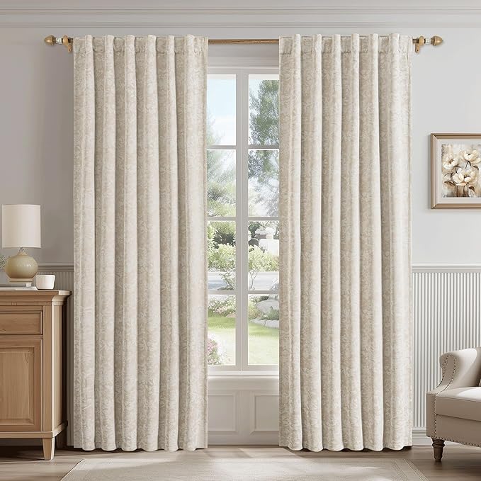 Beauoop Beige Floral Jacquard Blackout Curtains 84 Inches Long 2 Panels