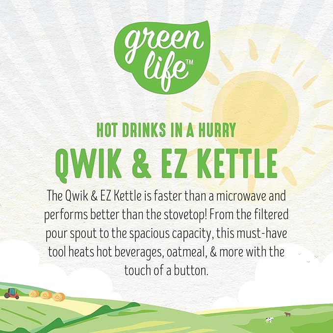 GreenLife 1.7 Liter Glass Electric Kettle, Easy One Touch Use, Quick Heating