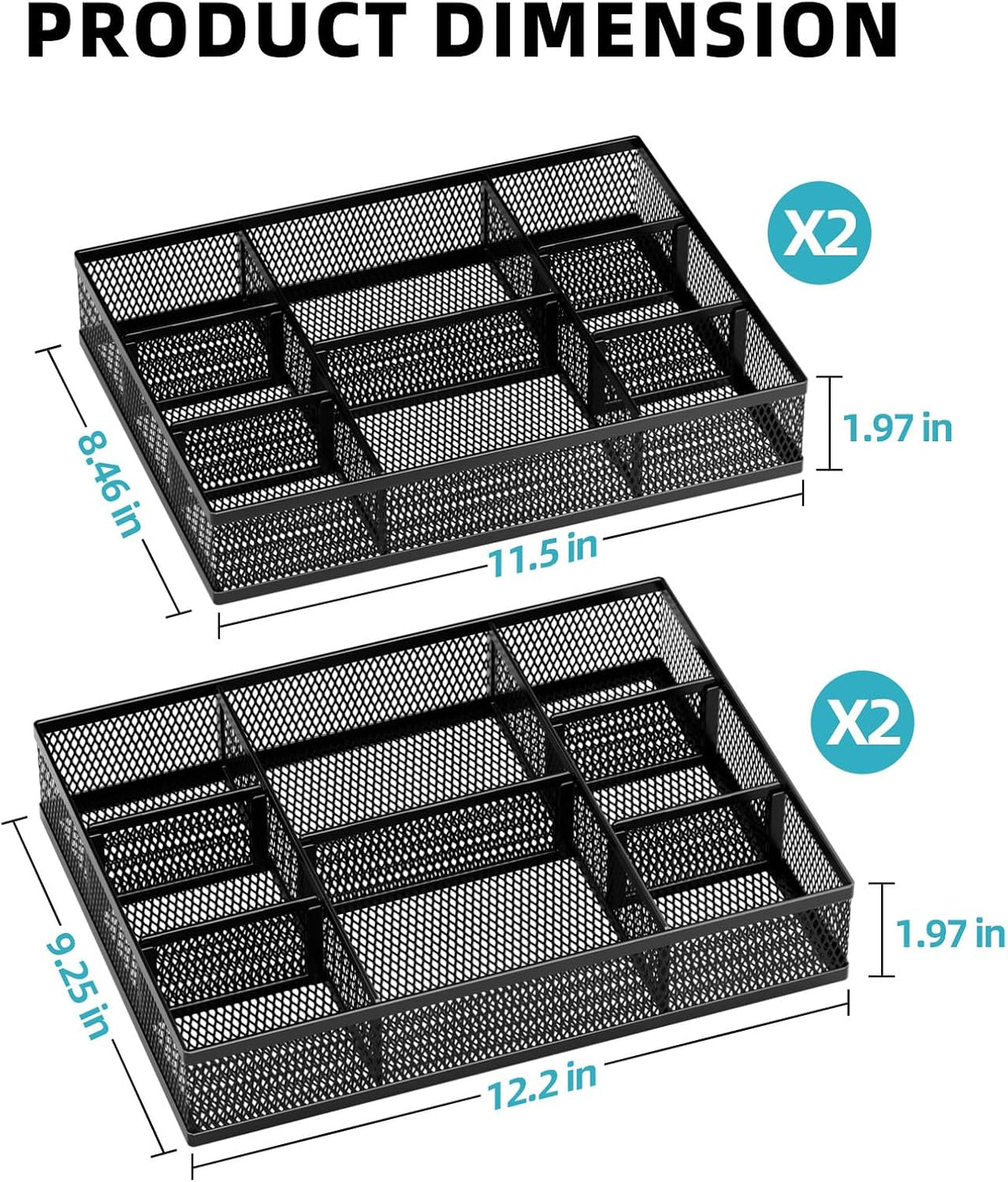 marbrasse 2 pack desk drawer organizer, mesh drawer showing dimensions