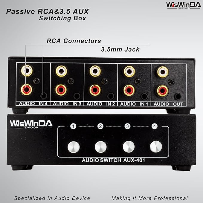4-in 1-Out RCA 3.5mm AuxAudio Switch Box Audio Converter 4 Channels 1-in 4-Out