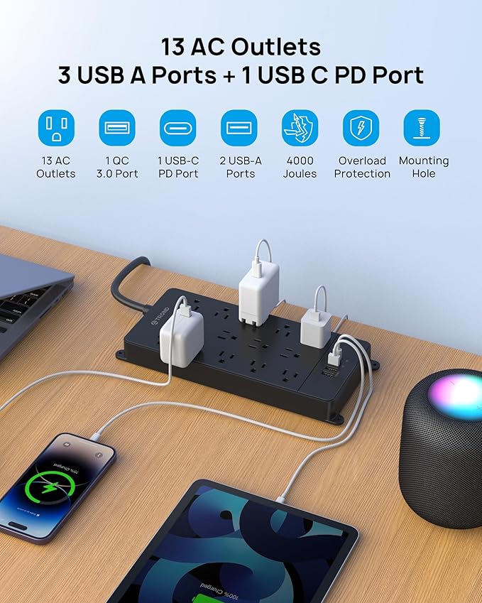 TROND Surge Protector Power Strip, 10ft Heavy Duty Extension Cord