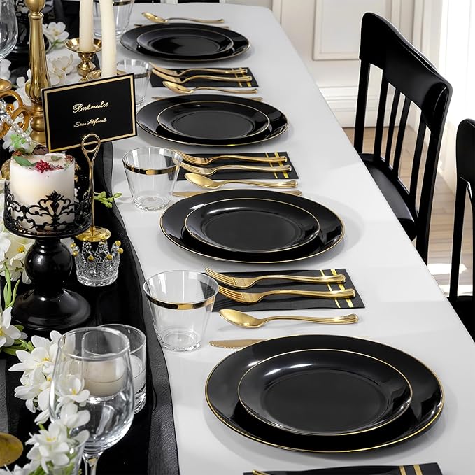 NOCCUR 350PCS Black and Gold Plastic Plates - Black Disposable Dinnerware Set for 50 Guests, 100 Dinner/Dessert Plates, 150 Gold Silverware, 50 Cups&50 Napkins for Party/Birthday/Halloween/NewYear