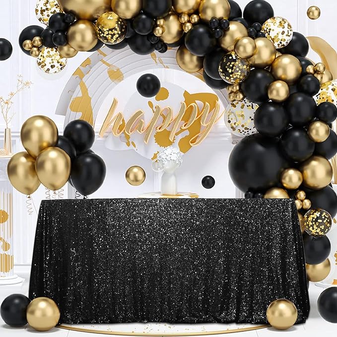 SquarePie Sequin Tablecloth 60 x 120 Inch Black Sparkly Table Linen for Hallo...