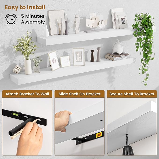 Fun Memories Floating Shelves 48 Inch, Extra Large Wood Shelf Set of 2