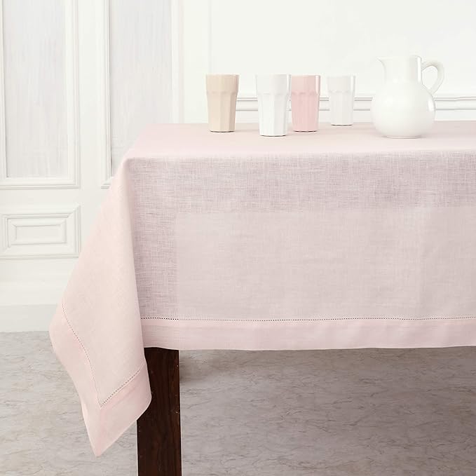 Solino Home Linen Tablecloth 60 x 144 Inch - Classic Hemstitch 100% Pure Linen Pink Table Cloth for Rectangle Tables - Machine Washable Tablecloth for Halloween