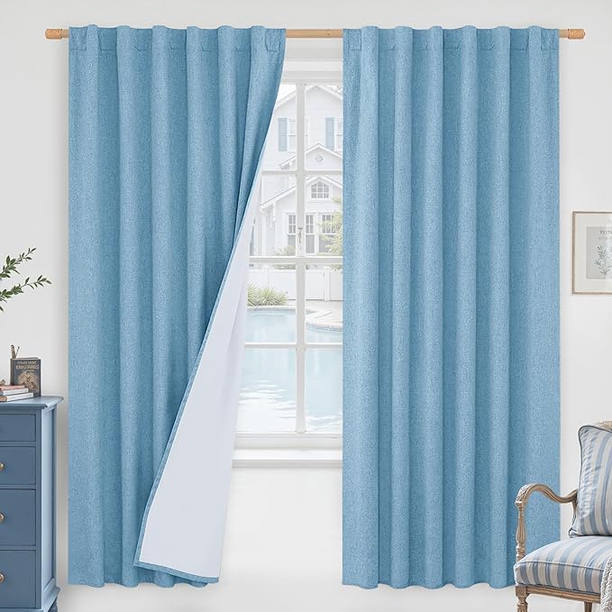 LAMIT 100% Blackout Linen Curtains, 72 Inches Linen Textured Thermal Bedroom