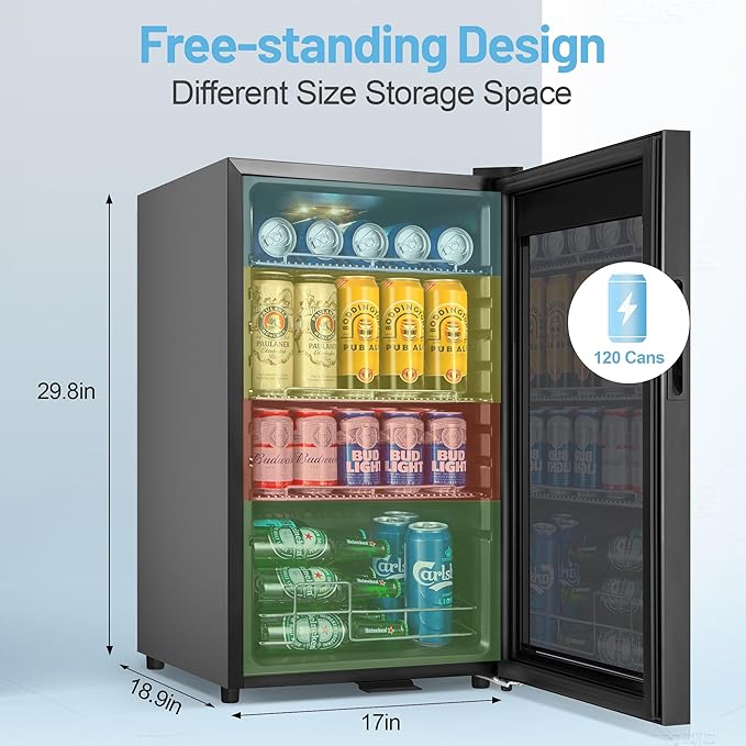 Beverage Refrigerator Cooler, 17 Inch 120 Cans Freestanding Mini Fridge