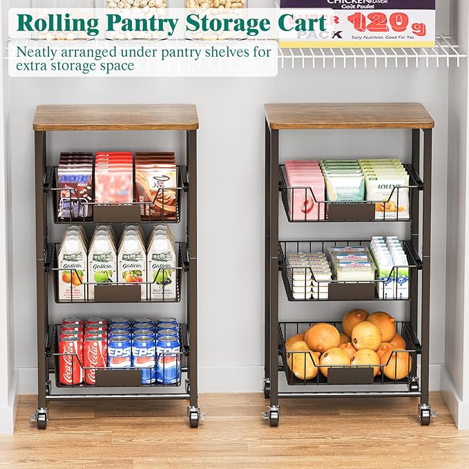 Kitchen Storage Cart with Wheels, 4-Tier Metal Utility Rolling Cart Fruit