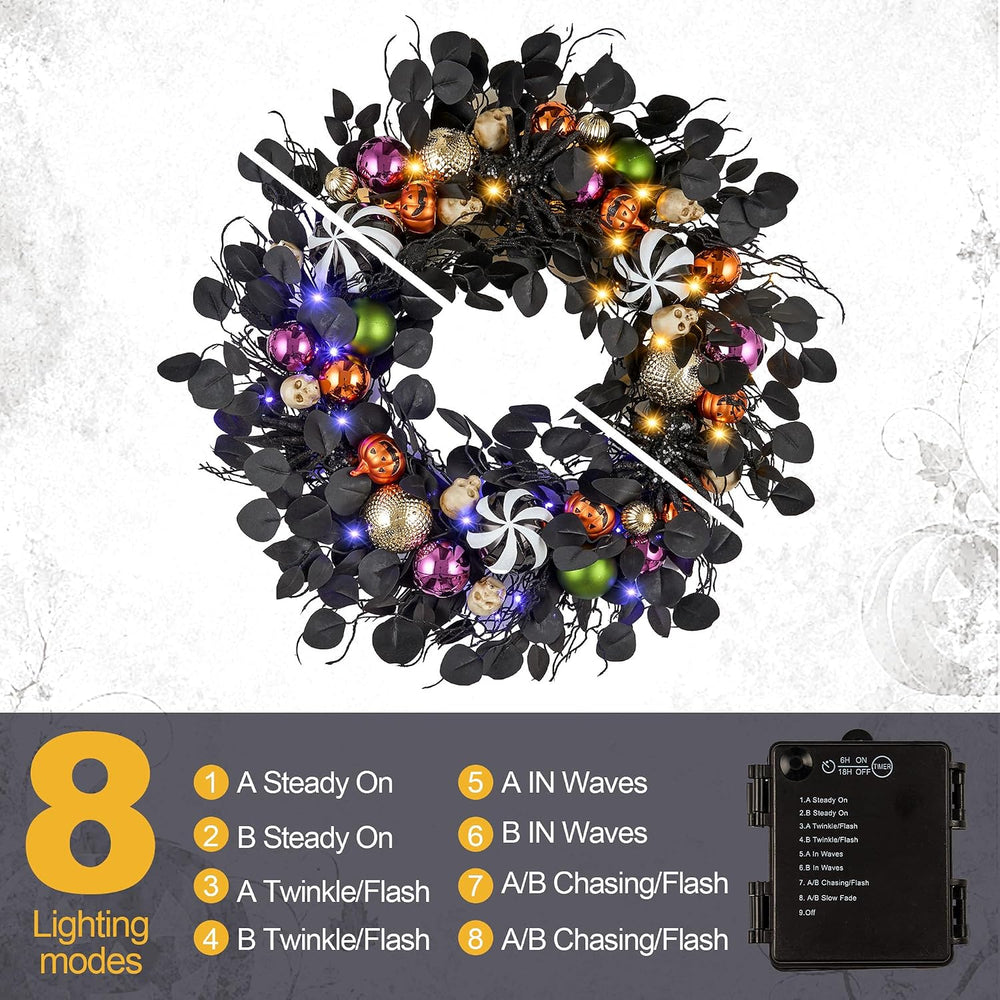 JORNOY 30-Inch Halloween Wreath with Battery Timer - Spider, Balls, Skull