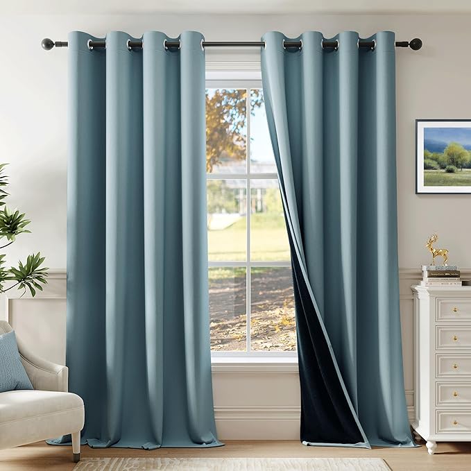 Beauoop Dusty Blue 100% Blackout Curtains 63 Inch Long 2 Panels