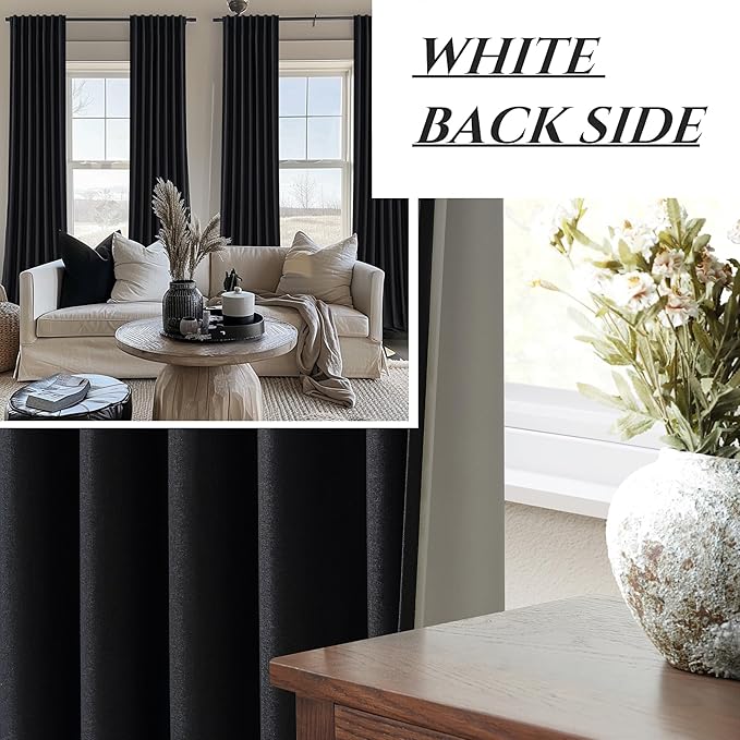 Black Blackout Curtains 96 Inches Long 2 Panel Set, Sun Blocking Curtains
