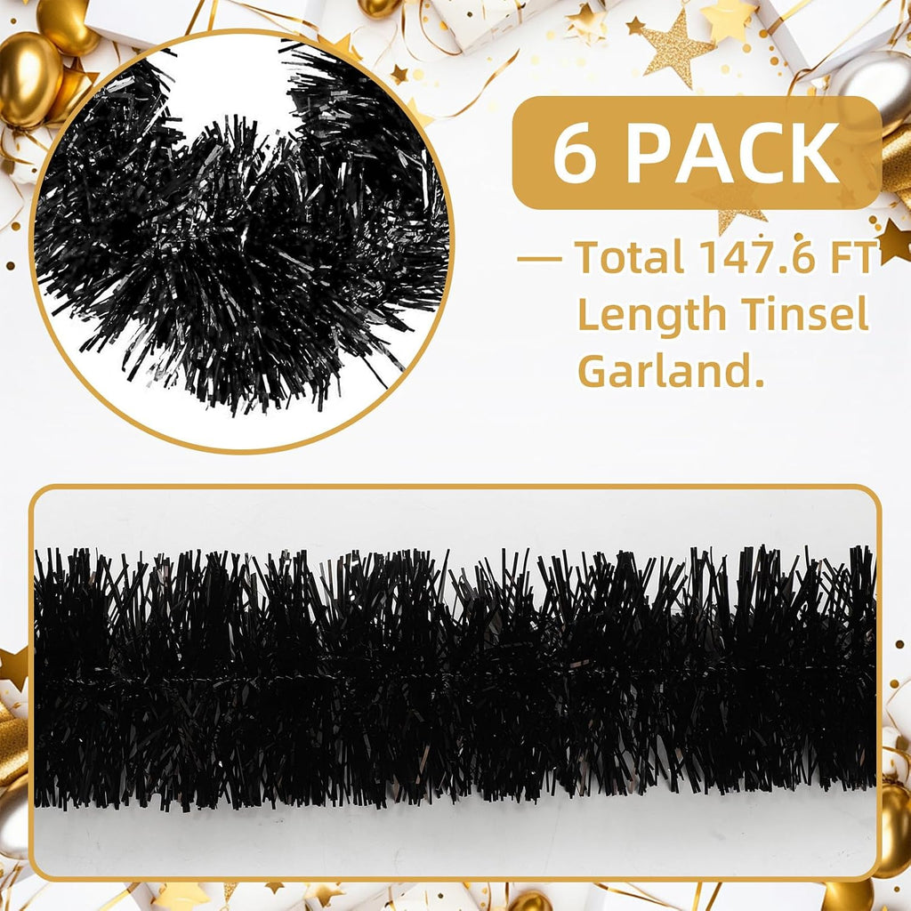 150 FT Black Tinsel Garland - Holiday Tinsel Garland for Christmas, Halloween, New Year, Birthday Parties & Tree Decorations (Black)