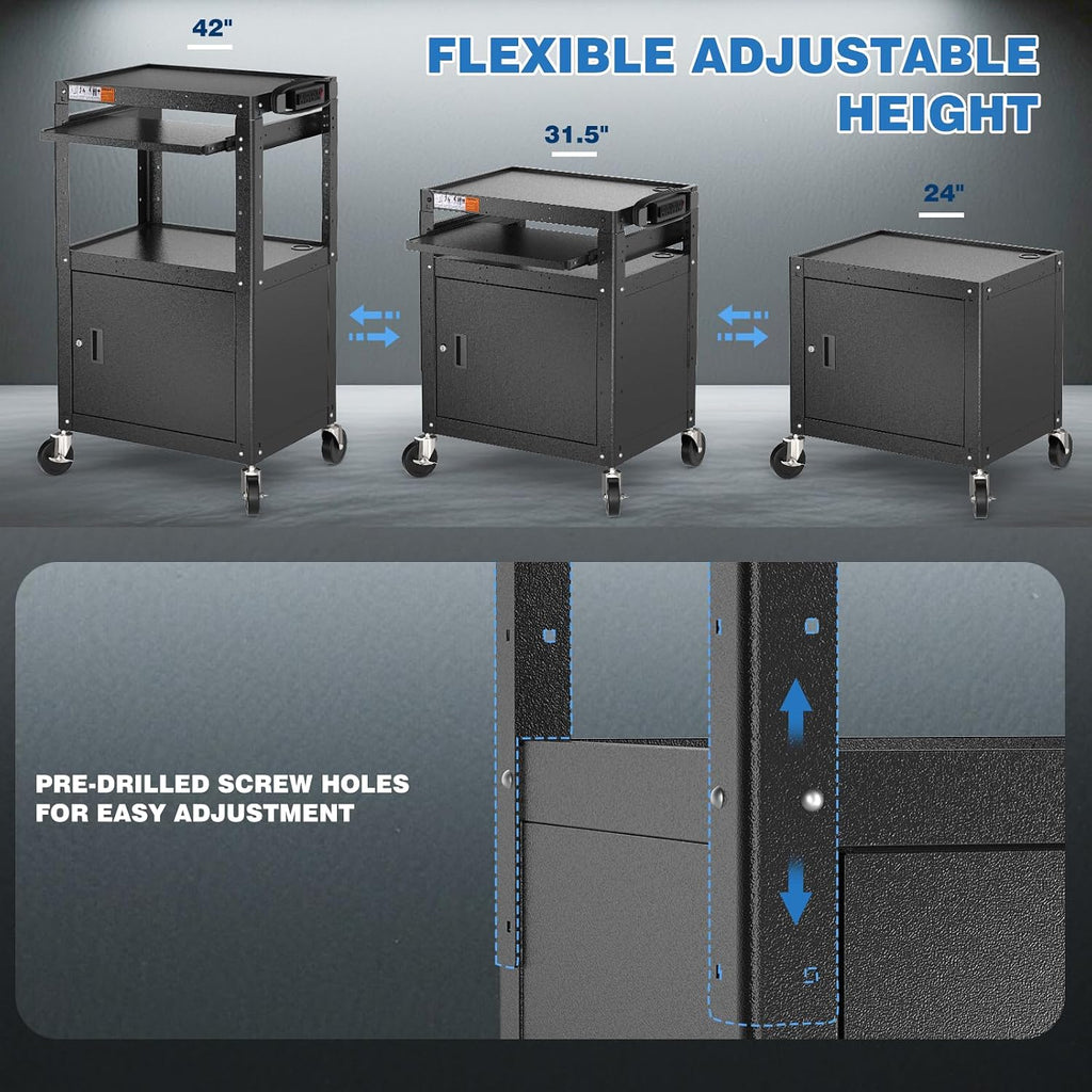 POCHAR Steel Large AV Cart with Locking Cabinet - Adjustable Height Media Carts with Wheels, Pullout Tray, Power Strip for Mobile Work Station - Rolling Computer Cart for Office Classroom Presentation