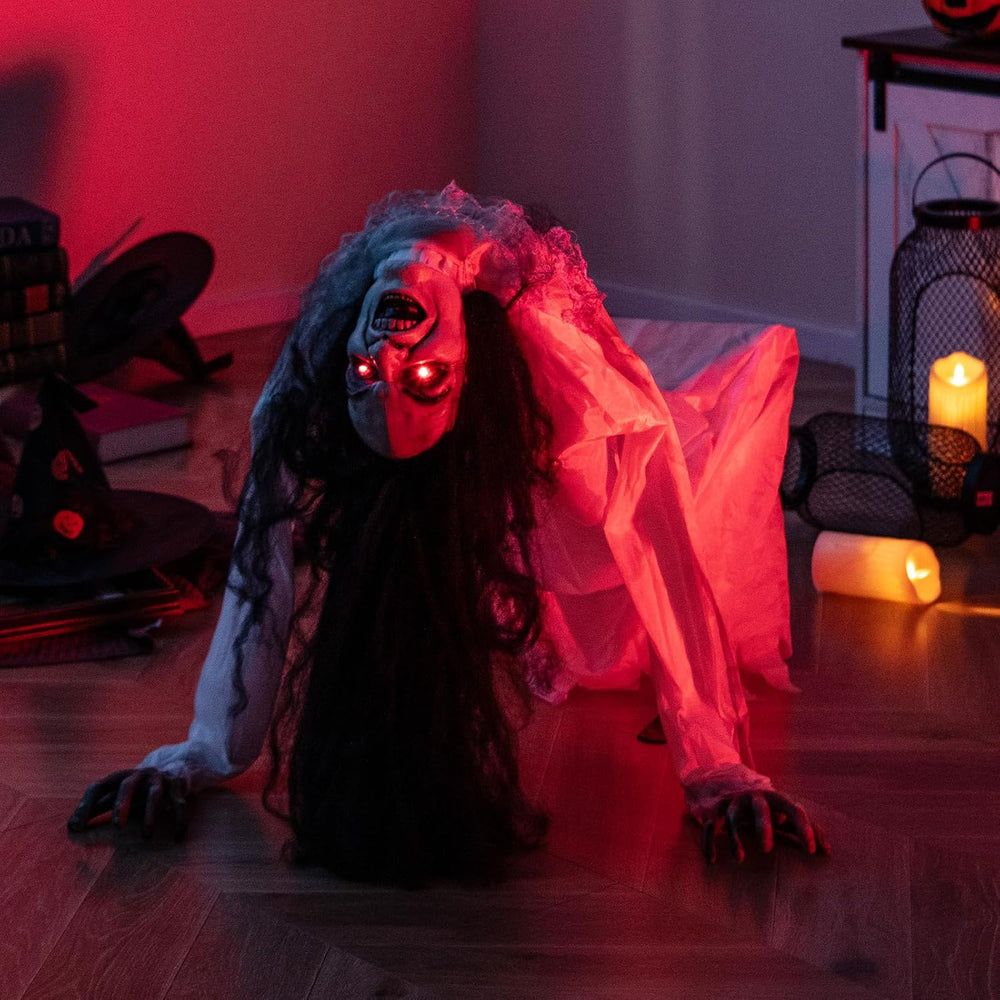 Tangkula Animated Halloween Crawling Woman with Glowing Eyes, Life Size