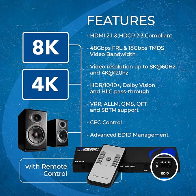 OREI 8K eARC HDMI 2.1 Switch 4x1, Switcher
