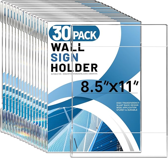 Aheroi 30Pcs Acrylic Sign Holder 8.5 x 11, No Drilling Acrylic Wall Frame Paper