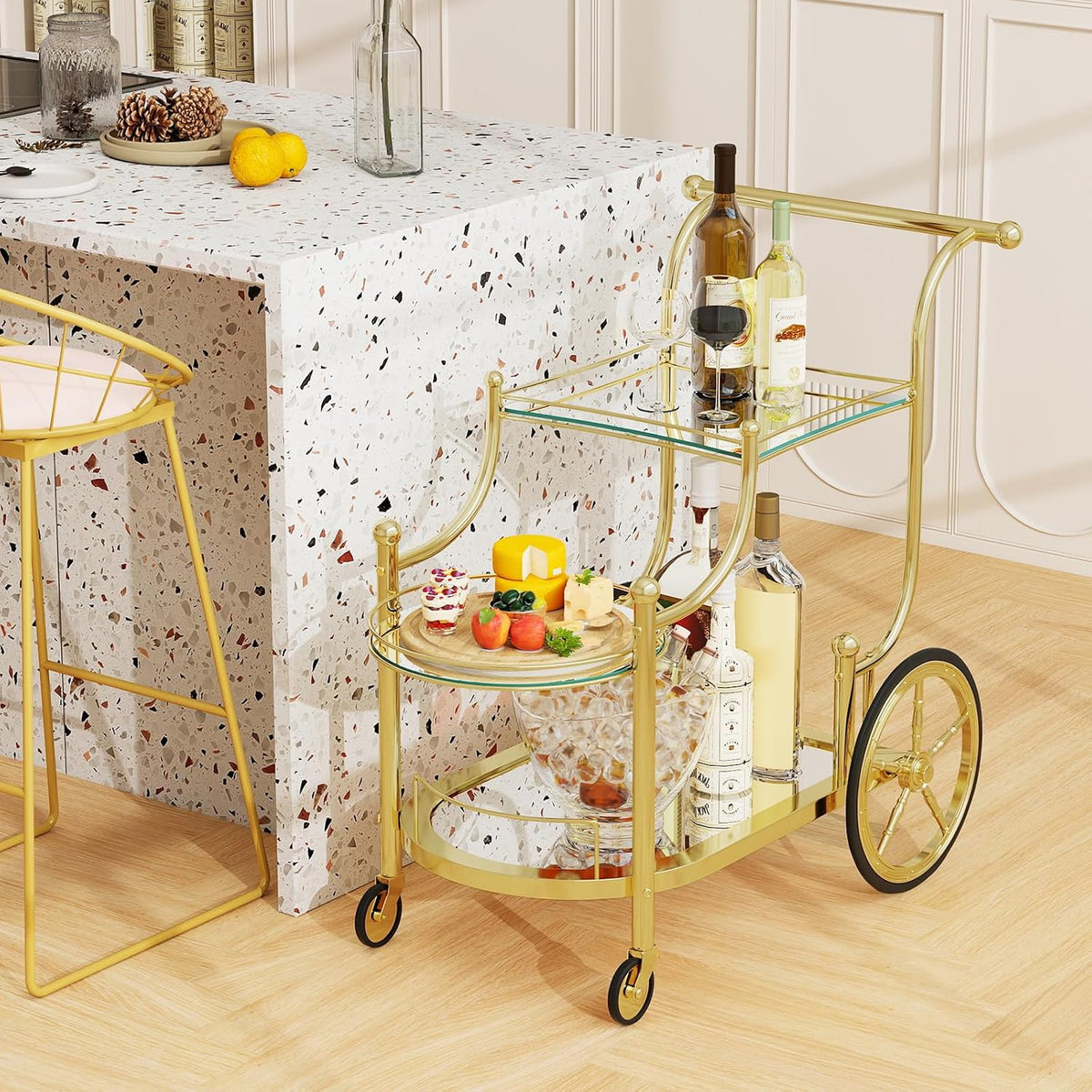 Tangkula Bar Cart, 3-Tier Rolling Home Bar Serving Cart with Mirrored Shelves & 4 Wheels, Mobile Beverage & Wine Cart for Kitchen, Dining Room, Living Room (Gold)