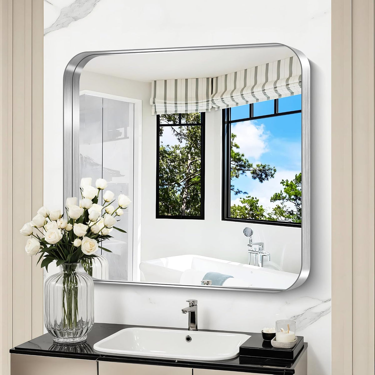 CIRCUMI Silver Bathroom Mirror, 30"x30" Rectangular Mirror for Vanity