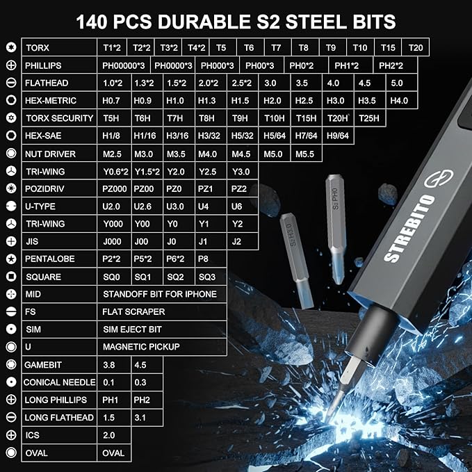 STREBITO Electric Screwdriver Upgraded 155 in 1 Mini Electric Cordless