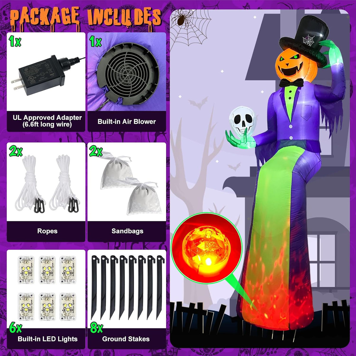 10FT Sitting Halloween Inflatable Pumpkin with Flame Light for Roof Decor