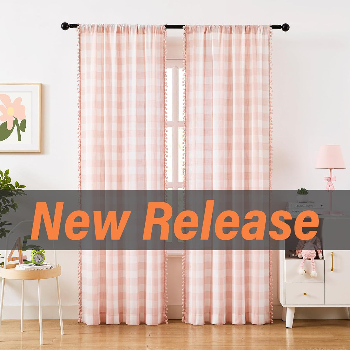 Pompom Buffalo Check Curtains Blush Pink and White Plaid Window Treatment Set for Kitchen Living Room, Dinning, 95 inch Rustic Farmhouse Curtain Drapes for Kids Dorm 42"x95" 2pcs Rod Pocket, Coral