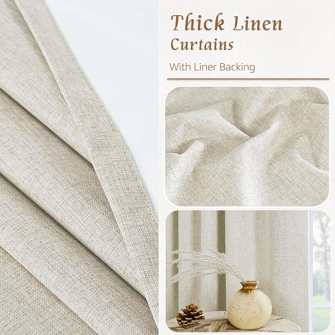 LAMIT Natural 100% Blackout Linen Curtains, 63 Inches Linen Textured Thermal