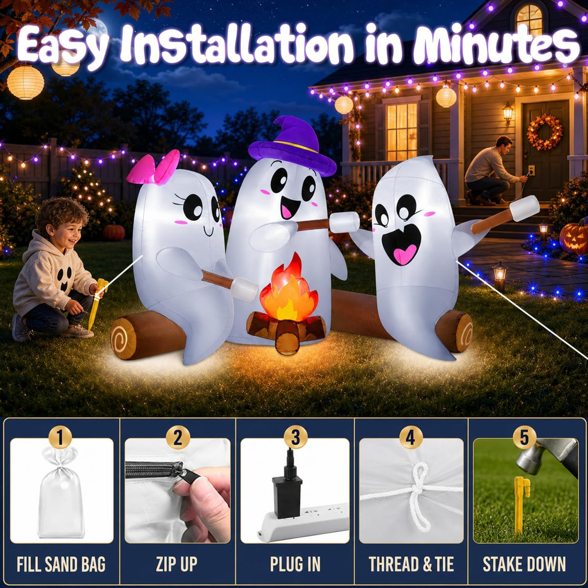 zukakii 6FT Long Halloween Inflatables Decorations Outdoor Campfire Ghosts Adorable Halloween Blow up Yard Decoration Blowup Cute 3 Ghosts Roasting Marshmallows Over Campfire Built-in LEDs Party Lawn