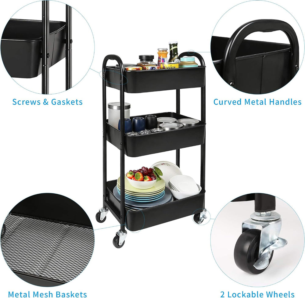 3-Tier Rolling Utility Cart with Caster Wheels Easy Assembly, Black