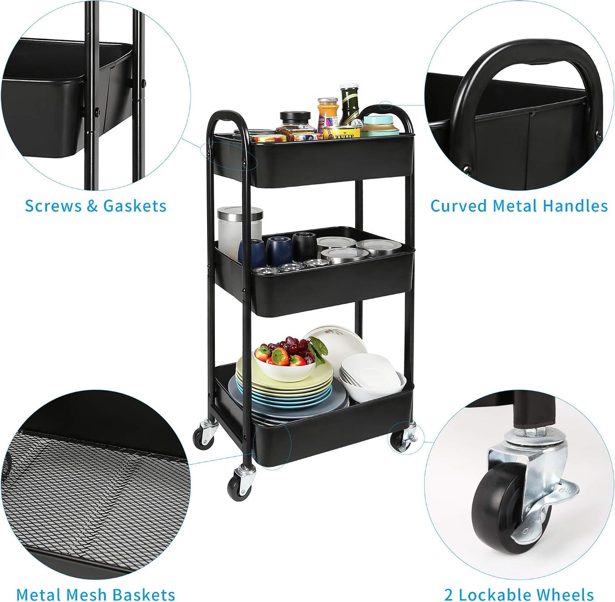 3-Tier Rolling Utility Cart with Caster Wheels Easy Assembly, Black