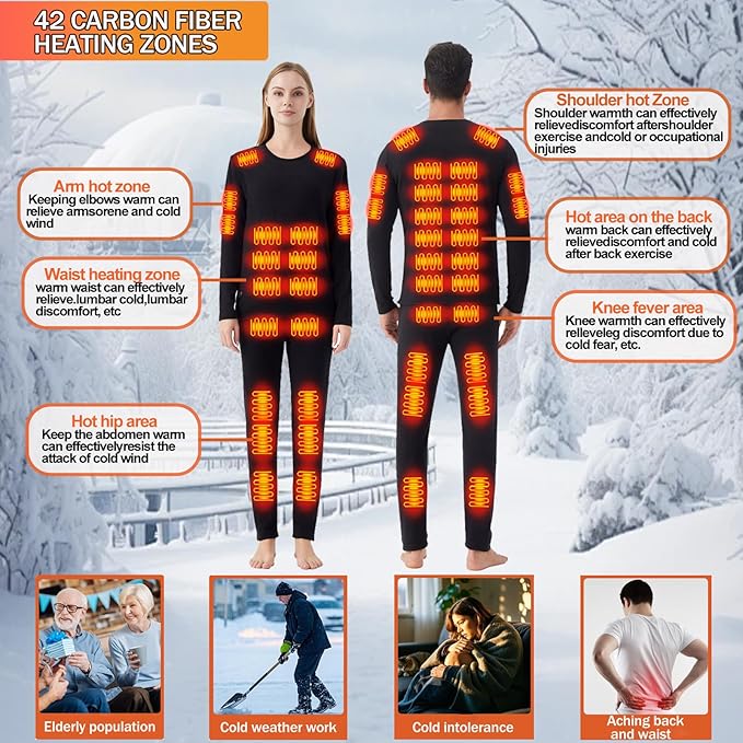 Heated Thermals Underwear Men Women: 42 Heating Zones Electric Thermal Long
