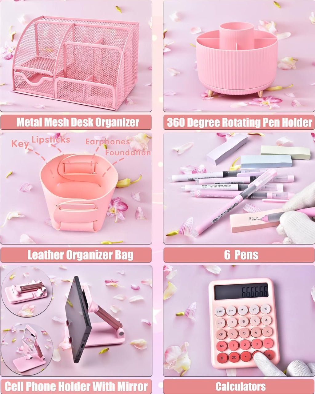 lxevihk pink desk accessories 21-piece office supplies gift, side view